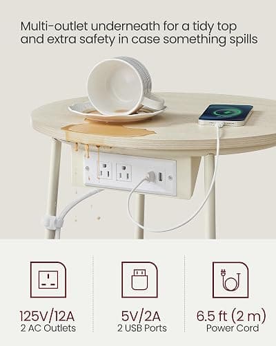 VASAGLE LILEA Collection - Side Table with Charging Station, Round End Table with Fabric Basket, Nightstand with USB Ports, for Living Room, Bedroom, Modern, Cream White ULET228N01 thumbnail 5