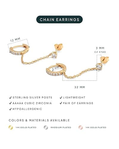 PAVOI 14K Gold Chain Earrings for Women | Double Piercing Dangle Chain Huggie Hoop Earrings | Cubic Zirconia Pearl Stud Ear Earrings for Women | Dangle Earrings for Women, Earring Stack, Ear Cuff Earrings, Cubic Zirconia Pearl Stud thumbnail 3