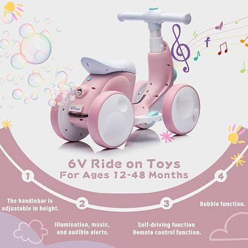 JoyRydz 6V Electric Baby Balance Bike with Bubble Machine,4 in 1 Toddler Balance Bike w/Remote Control for 1 Year Old Boys Girls Kids Bubble Bike Ride on Toys w/Powered Motor,Music,LED Lights (Pink) thumbnail 4