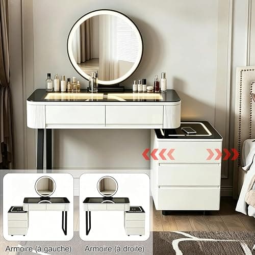 MJKCBD Moderne Coiffeuse avec Miroir à LED & 5 Tiroirs | 100cm Coiffeuse avec Table Transparente Lumineuse, 3 Couleurs, Parleur Bluetooth, Chargement Sans Fil / USB thumbnail 7