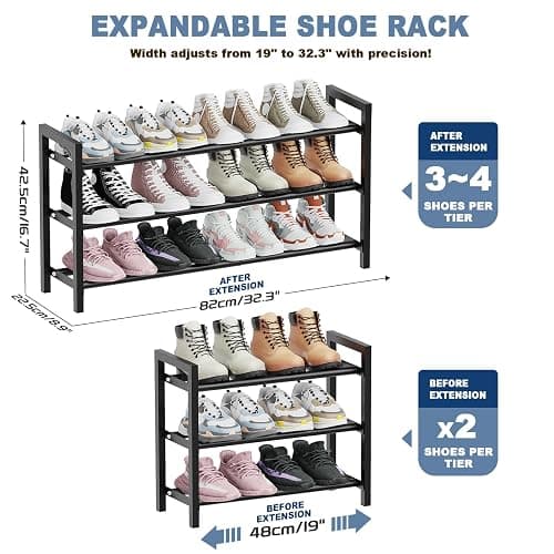 Mavivegue Expandable Shoe Rack for Closet, 3-Tier Shoe Organizer, Adjustable Shoe Rack for Front Door Entrance, Entryway - 3 Tier - Black thumbnail 3