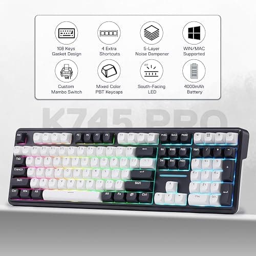 Redragon K745 PRO Wireless Gasket RGB Gaming Keyboard, 108 Keys Mechanical Keyboard w/Extra 4 Hotkeys, Hot-Swap South-Facing LED Socket, 5-Layer Noise Dampening, Round PBT Keycaps, Mint Mambo Switch thumbnail 2