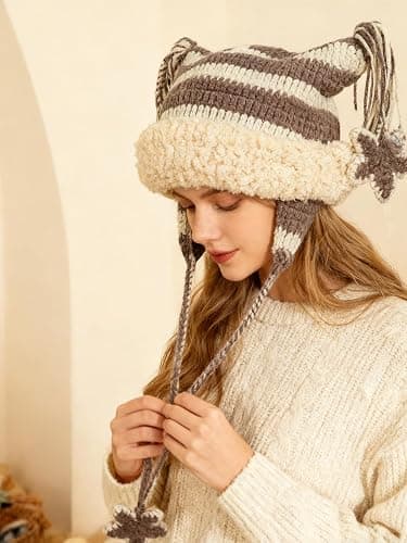 Y2k Beanie Knitted Hat Cute Cat Beanie Warm Loose Crochet Hat Women thumbnail 5