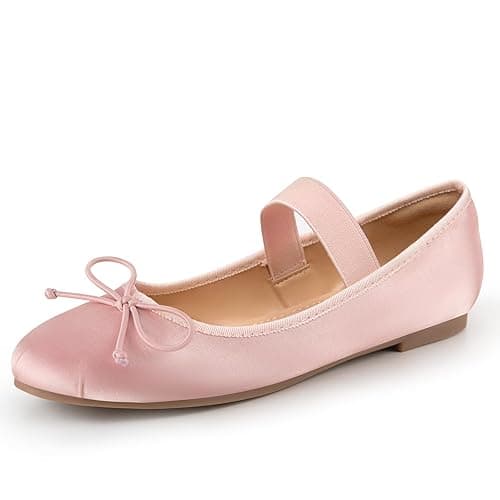 Trary Ballet Flats for Women Closed Round Toe Mary Jane Shoes Women Cute Bowknot Non-Slip Dressy Shoes Elastic Strap Comfortable Women's Flats for All-Year Daily Work Causal - 8 - Pink