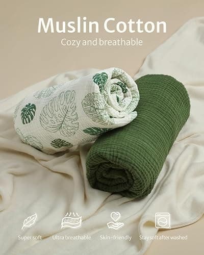 Blissful Diary Muslin Crib Sheets for Girl Boy, Boho Neutral Soft Cotton Baby Sheet for 52''x28'' Standard Crib Mattress, 2 Pack(Monstera&Dark Green) thumbnail 8