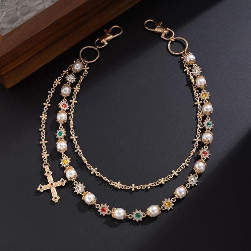 Fashion Layered Pants Wallet Chains - Exquisite Gold Silver Rhinestone Flower Pearl Jean Pocket Chain for Women Men Cute Bag Purse Charms Jewelry thumbnail 7