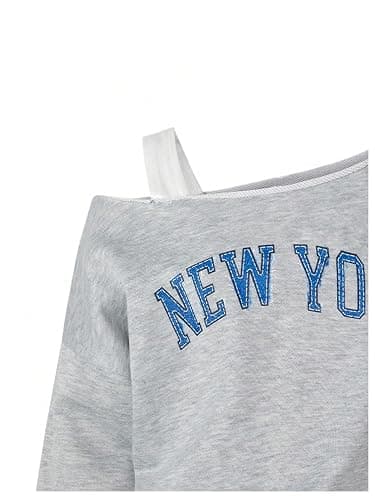 SHENHE Girl's Graphic Letter Print Off Shoulder Sweatshirt Asymmetrical Preppy Pullover Top thumbnail 3