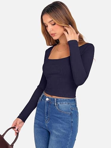 ANRABESS Women's Long Sleeve Square Neck Crop Top Ribbed Slim Fitted Basic Tee Layer Y2K Shirts Fall Fashion Outfits 2025 thumbnail 3