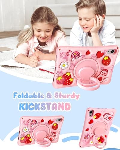 Boaretiu for iPad mini 7 A17 Pro Case for iPad mini 7th/6th Generation - Soft Silicone Cute Cartoon with Shoulder Strap & Rotating Stand Kawaii for Women Girls Girly Kid Teens Cover, Strawberry thumbnail 6