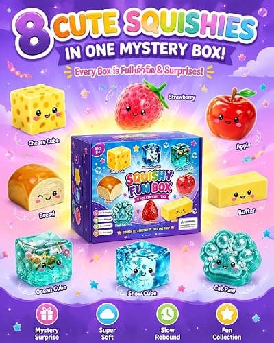 Squishy Fun Box 8 Piece Mystery Box Fun Set Pack,Blind Malt Sugar Moldable Soft Squishys Slow Rising Stress Ball for Anxiety Stress Party Favors (A Purple) thumbnail 2