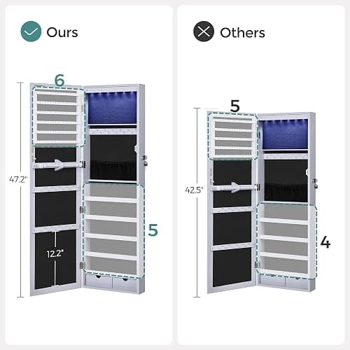 SONGMICS 6 LEDs Mirror Jewelry Cabinet, 47.2-Inch Tall Lockable Wall or Door Mounted Jewelry Armoire Organizer with Mirror, 2 Drawers, 3.9 x 14.6 x 47.2 Inches, Gray UJJC93GY thumbnail 7