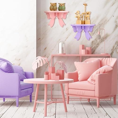 Pinkunn 2 Pcs Bow Floating Shelves Kawaii Shelf Book Stand Farmhouse Rustic Corner Wall Shelf Wooden Bow Tie Rack Princess Room Decor for Nursery Home Bedroom Office Wall Decor(Pink,Purple) thumbnail 2