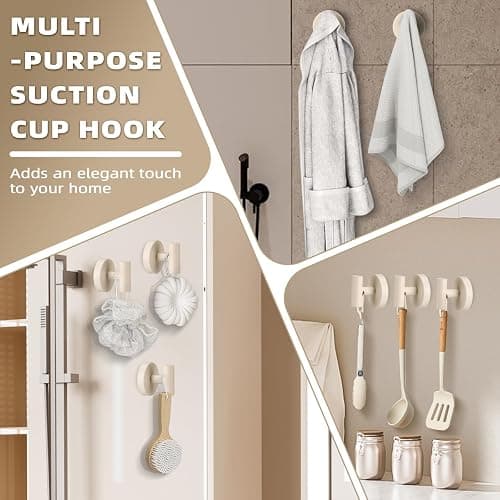 Fenas Suction Cup Hooks for Shower - Bathroom Reusable Hooks for Towels, Robes & Loofah - No-Drill Mounting on Kitchen,Walls,Metal,Glass,Mirrors,Tile & Smooth Non-Porous Surfaces (4, Milk White) thumbnail 5