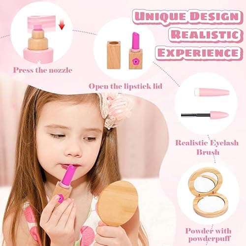Wooden Makeup Toy Set, Pretend Play Makeup Kit for Toddlers Realistic Beauty Salon Set for Girls with Eyeshadow Lipstick Perfume Brush and Cosmetic Bag Birthday Gifts for Girls Toys Kids Aged 3 4 5 6 thumbnail 5