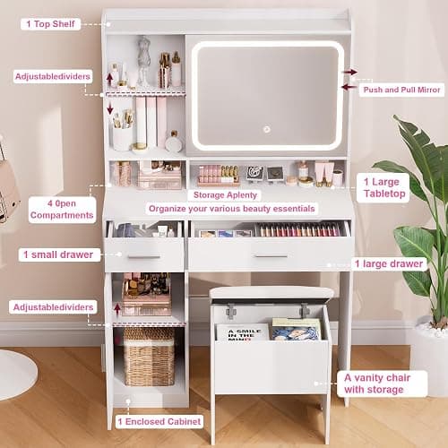 Hogxp Vanity Desk with Sliding Mirror & Power Outlets - Dimmable LED Lighting, 4 Open Shelves, 2 Drawers, 1Storage Cabinet & Padded Stool - Ideal Bedroom Makeup Dressing Table （White） thumbnail 4