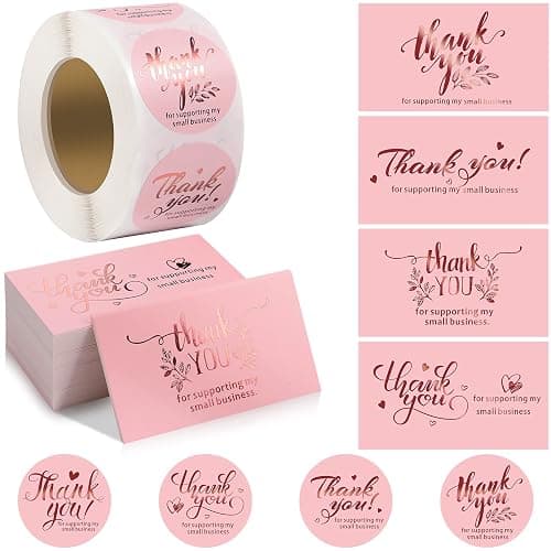 Outus 600 Pieces Thank You for Supporting My Small Business Cards and Stickers Set - Pink Gold Foil Thank You Cards for Retail Store Package Insert Envelope Seals Business Owner Sellers - Image 1