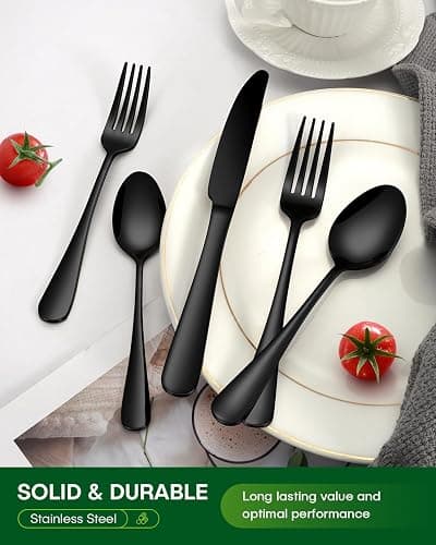 PHILIPALA 20 Piece Black Silverware Set, Stainless Steel Flatware Set for 4 Food Grade Cutlery Utensil Set Include Knife Fork Spoon Mirror Polished Dishwasher Safe thumbnail 7