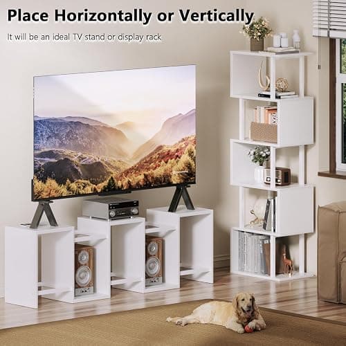 Furologee White Geometric Bookshelf 6 Tier S-Shaped Bookcase, Tall Modern Display Storage Shelf, Metal and Wood Decorative Freestanding Room Divider Shelves for Bedroom, Living Room, Office thumbnail 5