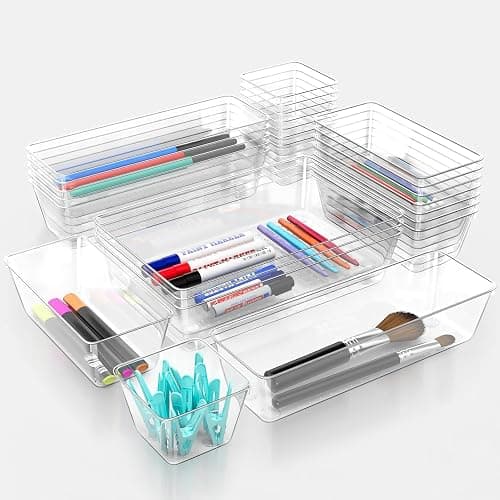 25 Piece Clear Drawer Organizer Set, 4 Sizes Bathroom Vanity Organizer Trays and Storage Bins for Makeup, Cosmetics, Jewelry, and Gadgets. Perfect for Office, Kitchen, Bedroom, Bathroom Use. thumbnail 3