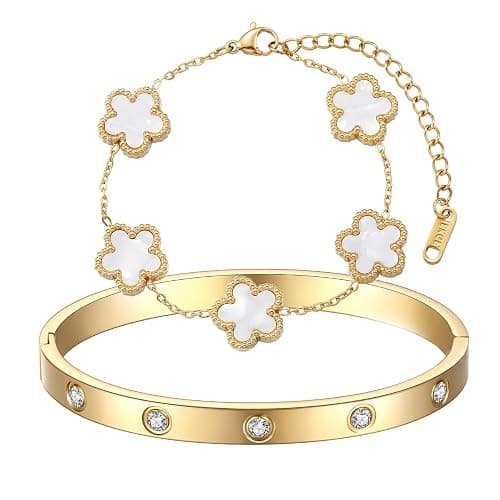 TENGWA 18k Vergoldet Schmuck Schmuck Gold Wasserfest 17+5 cm Kleeblatt Armband Weißer Glücksklee Geschenk zum Geburtstag Jahrestag Valentinstag Muttertag Oder Neujahr - Image 1