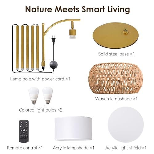 DRAWNCAT Gold Boho Rattan Floor Lamp w/Remote, Dimmable (2700K - 6000K), 2 - in - 1 Wicker & Fabric Shade, Adjustable 165-172cm for Living Room & Bedroom thumbnail 6