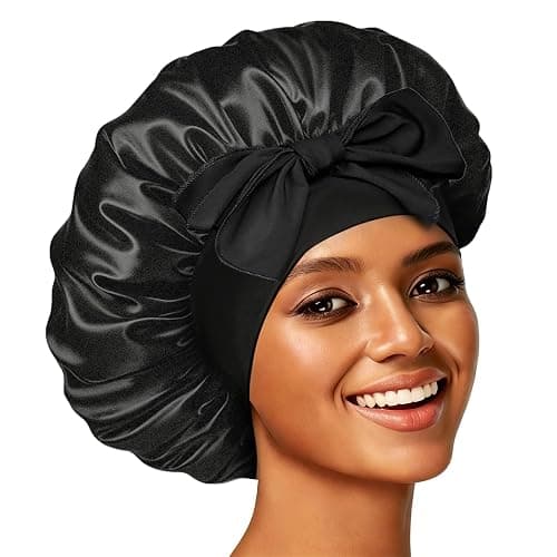 Confvrter Silk Bonnet Satin Bonnet for Sleeping Large Bonnets with Tie Band Hair Wrap with Adjustable Straps Hair Cap for Women Curly Black - Image 1