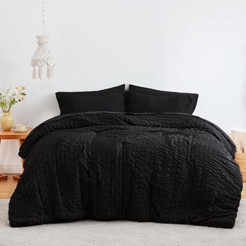Love's cabin Seersucker Black Queen Comforter Set 7 Pieces, All Season Lightweight Bedding Set, Queen Bed in a Bag Comforter Set with Comforter, Flat Sheet, Fitted Sheet, Pillowcase and Pillow Sham thumbnail 2