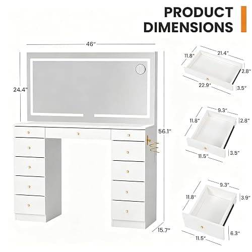 Fkhouse 11 Drawers Glass Top Vanity Desk, Crystal Handles Makeup Vanity with Mirror and Lights, Dressing Table with Power Outlet, Adjustable Lighting Modes, White thumbnail 2