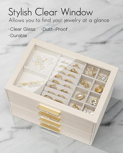 Vlando 4 Layer Jewelry Box for Women, Glass Lid Jewelry Organizer with 4 Drawers for Necklaces Rings Earrings Bracelets - Cloud White thumbnail 5