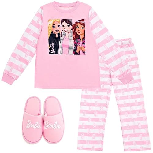 Barbie Girls Pajama Shirt Pants and Slippers 3 Piece Little Kid to Big Kid - Image 1