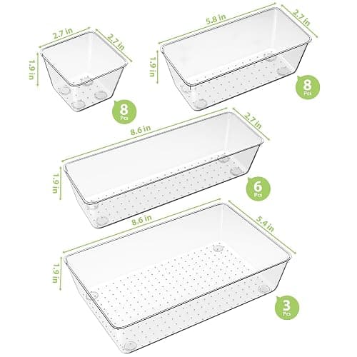 25 Piece Clear Drawer Organizer Set, 4 Sizes Bathroom Vanity Organizer Trays and Storage Bins for Makeup, Cosmetics, Jewelry, and Gadgets. Perfect for Office, Kitchen, Bedroom, Bathroom Use. thumbnail 2