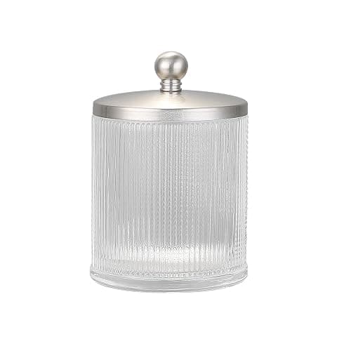 Indecor Home Glass Jar with Metal Lid for Bathroom Organization, Clear Apothecary Jar for Cotton Balls, Q-Tips, and Small Accessories, Stylish Bathroom Storage Container - Nickel/Clear - Nickel/Clear - Image 1