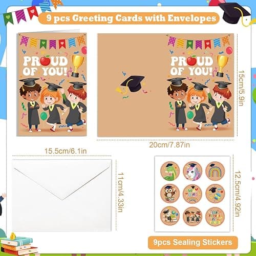 HOWAF 9pcs Kindergarten Graduation Cards Preschool Graduation Cards, 2026 Kindergarten Graduation Gift Card with Envelope Stickers for Kids Girls Boys 2026 Graduates, Congrats Grad Greeting Cards thumbnail 3