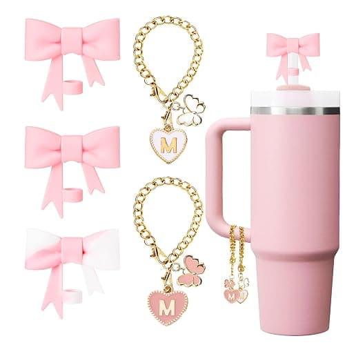 LUHOHI Pink Bow for Stanley Straw Topper- 3pcs Cute Cup Bow Straw Cover Silicone Cap 10mm with 2pcs Initial Letter Charms Name Id Personalized Accessories 40/30 Oz Tumbler Water Bottle Cups M - Image 1