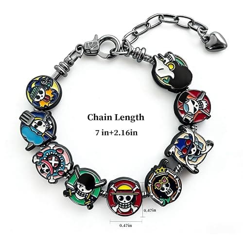 AmaaLeaf OP Charm Bracelet Gift Set 9 Anime-Style Mini Chibi Skull Faces, Luffy, Zoro, Nami, Sanji, Usopp, Robin & More, Removable Alloy Chain for Fans thumbnail 5