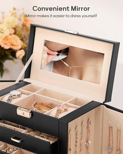 Homde Synthetic Leather Huge Jewelry Box Mirrored Watch Organizer Necklace Ring Earring Storage Lockable Gift Case (Black + Gold) thumbnail 8