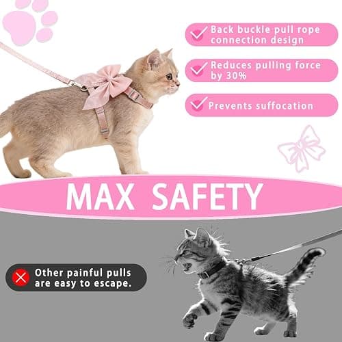 Tensho Pink Bow Cat Harness and Leash Set Escape Proof, Adjustable Kitten Harness with Leash, Bow Tie Cat Harness for Walking Outdoor - Soft Lightweight Harness for Small Dogs Cats Rabbits (S) thumbnail 6