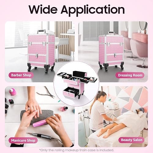 KHROOLT Rolling Makeup Case, Aluminum Cosmetic Train Cases with Drawer Rolling Makeup Cart Cosmetic Organizer 3 Tier Travel Case Salon Barber Case for Makeup Tattooist Nail Tech Hairstylists thumbnail 8