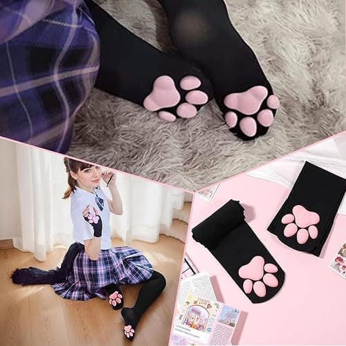 YREYBN 1 Pair Thigh High Socks, Pink Cute Cat Paw Pad Socks, 3D Kitten Claw Stockings for Girls Women, Knee High Socks for Cosplay Halloween Party and Daily Lives(Black) thumbnail 6
