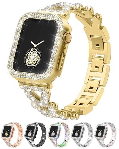 Rhinestones Encrusted Metal Bracelet and Case, Compatible with Apple Watch Bands 38mm-49mm (Series 10/1/SE/Ultra 2)- Bling Gold Women's Jewelry Strap, Luxury iWatch Bracelet with Screen Protector - Image 1