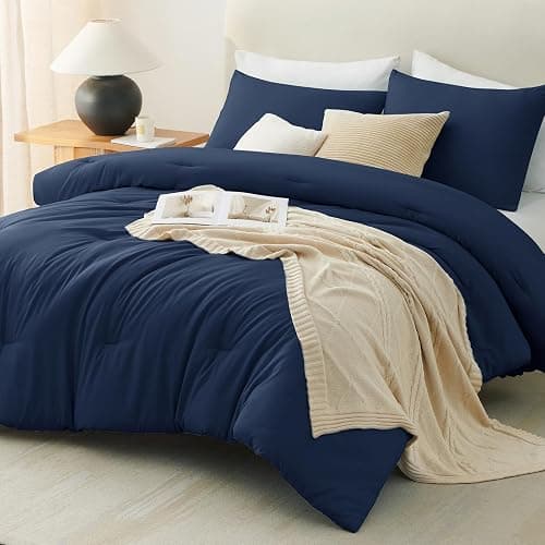 CozyLux Navy Blue King Size Comforter Set, 3 Pieces Solid Breathable Quilted Style Bedding Sets, Luxury Fluffy Soft Bed Set with Down Alternative Comforter for All Season (1 Comforter & 2 Pillowcases) thumbnail 8