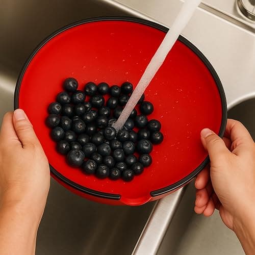 BUUBLE Ultimate Grease Drainer & Food Strainer (Red) Premium Heat-Resistant Silicone Colander for Bacon, Ground Beef, Pasta & Veggies; Fits Pans, Cans & Jars; Dishwasher Safe thumbnail 7
