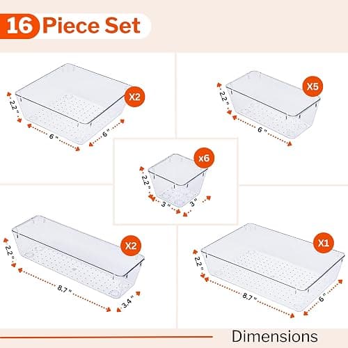 Stackzy Drawer Organiser Set – Makeup Organiser Tray for Drawers – Clear Cosmetics Container Tray for Bedroom – Utensil Cutlery Set Divider – Kitchen Storage & Organisation – 16pack thumbnail 2