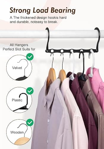 Closet Organizers and Storage 6 Pack, College Dorm Room Essentials, Multifunctional Organizer Magic Space Saving Hangers with 5 Holes, Storage Organization for Wardrobe Closet - Black thumbnail 7