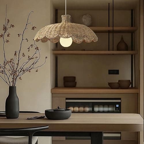 MIXL-Rattan Woven Beige Pendant Light,Scalloped Shade Small Hanging Light,Rustic Kitchen Island Lighting,Boho Style Pendant Lamp for Living Room Bedroom thumbnail 4