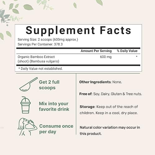 Organic Bamboo Extract Powder, 8 Ounce (1 Year Supply), Rich in Silica and Minerals, Supports Healthy Skin, Nail, Hair, Joints and Bones, Non-GMO and Vegan Friendly thumbnail 2