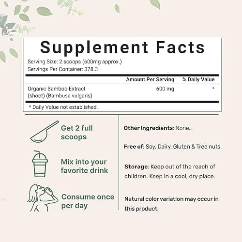Organic Bamboo Extract Powder, 8 Ounce (1 Year Supply), Rich in Silica and Minerals, Supports Healthy Skin, Nail, Hair, Joints and Bones, Non-GMO and Vegan Friendly thumbnail 2