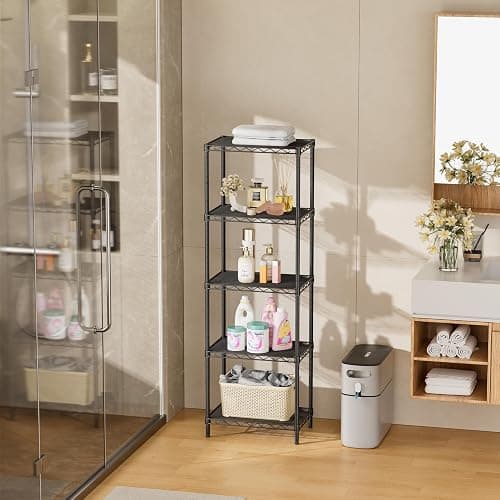 SINGAYE Metal Shelves Wire Shelving：Storage Rack Standing Units Shelf for Kitchen Laundry Bathroom Closet Organizers Pantry Narrow Mesh Adjustable 10" D x 16" W x 55" H Black thumbnail 9