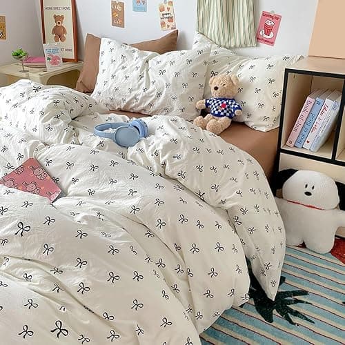 Covebett Bettwäsche 135x200 Mädchen Weiß mit Schwarz Schleifen Kinder Bettbezug 2teilig Aesthetic Kawaii Weich Renforcé Microfaser Einzelbett Deckenbezug Reißverschluss und Kissenbezug 80x80cm thumbnail 4