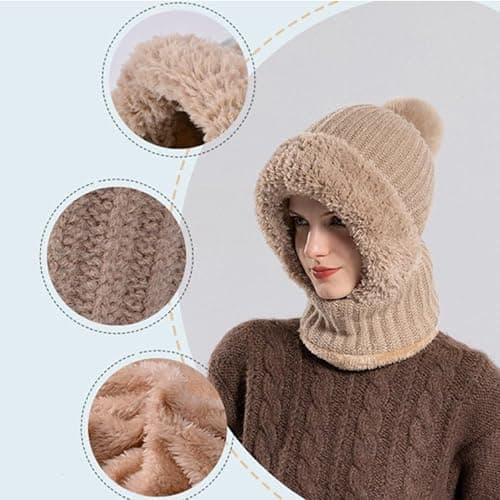 Women's Knitted Hat in Autumn and Winter, 3 in 1 Cold Resistant Hat, Wind-Resistant Scarf Hat Face Mask Hooded Scarf thumbnail 3